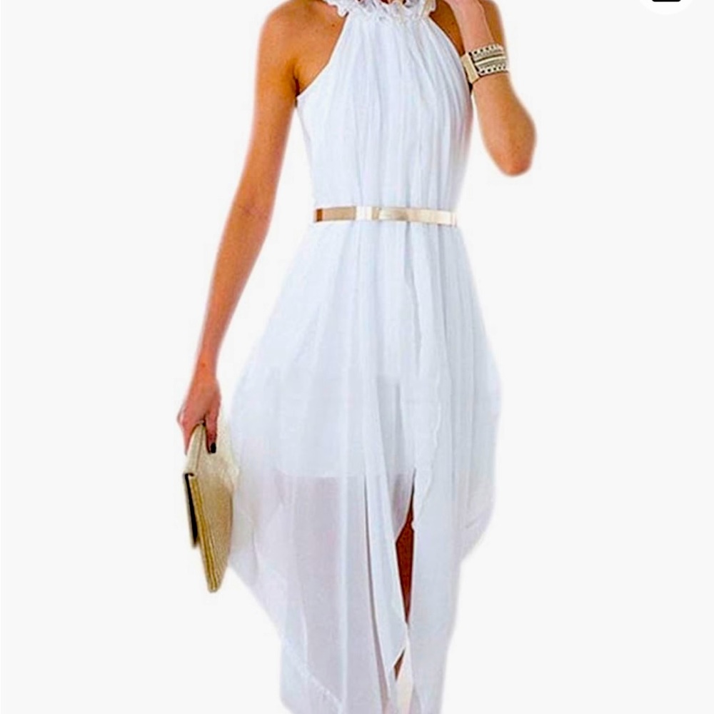 Women's Sheer Chiffon Folds Hi Low Loose Dress Delicate Gold Belt... Size Large